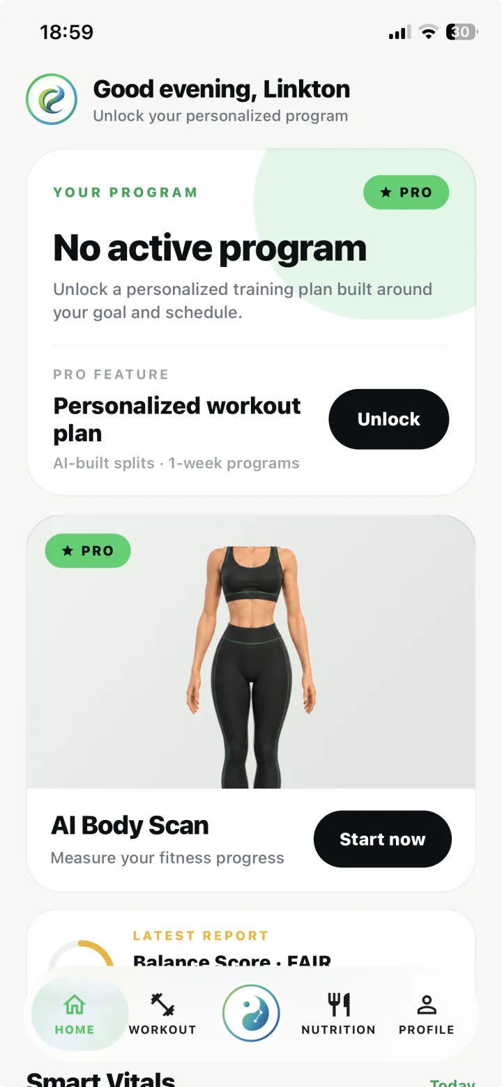 Coachiva home screen with a personalized program card and AI Body Scan