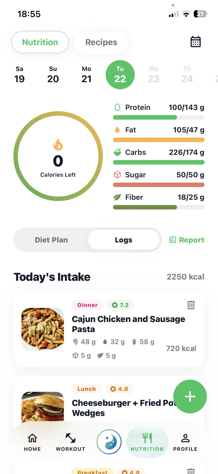 Coachiva nutrition screen showing nutrient totals and logged meals