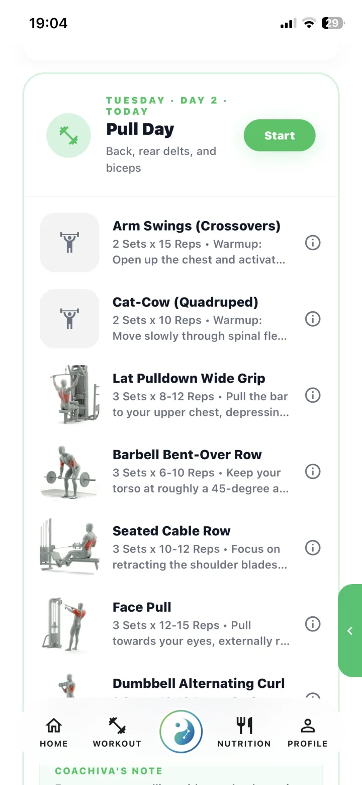 Coachiva Pull Day workout with exercise instructions, sets and repetitions
