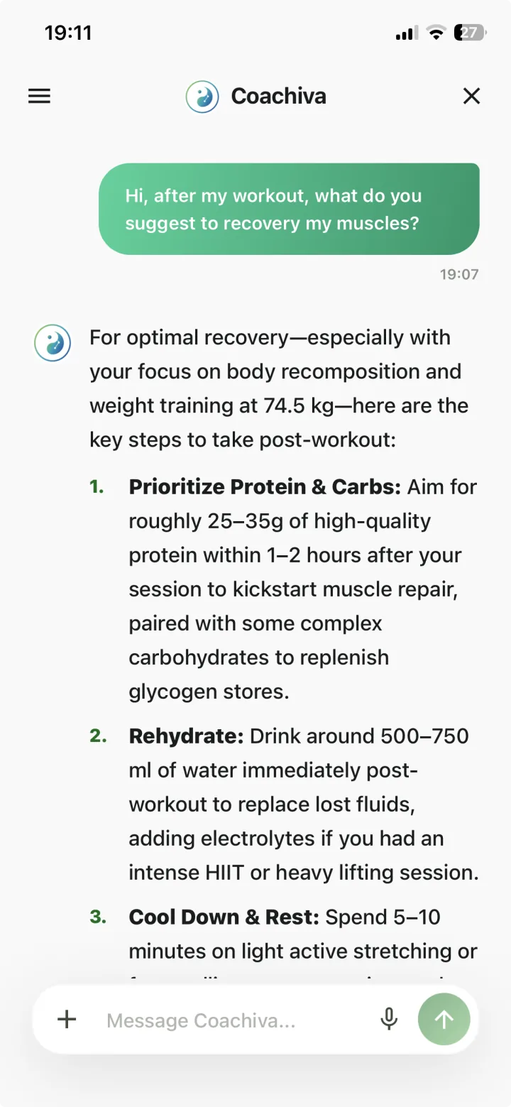Coachiva chat showing a conversation about recovery after a workout