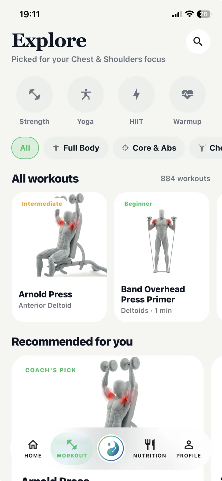 Coachiva Explore screen with workout categories and exercise recommendations